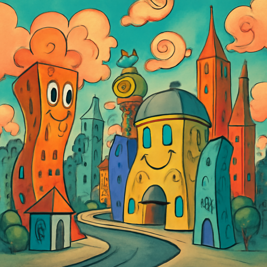 cartoon surreal cityscape